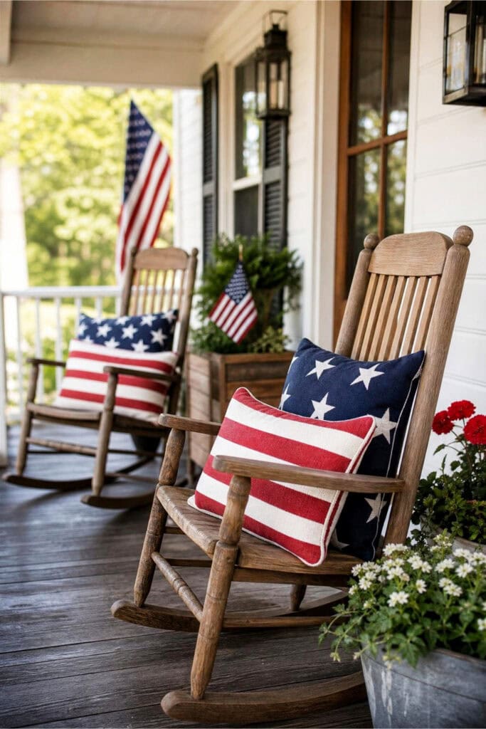 Two wooden rocking chairs on a front porch with red, white, and blue patriotic pillows.