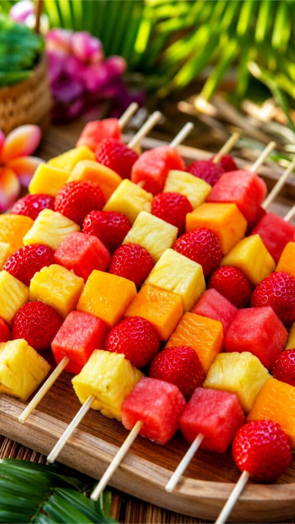 A tray of colorful fruit kabobs with pineapple, mango, watermelon, and strawberries arranged for a luau party.