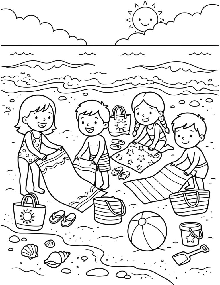 Children placing beach towels on the sand beside beach bags, flip flops, and ocean waves in a coloring page.