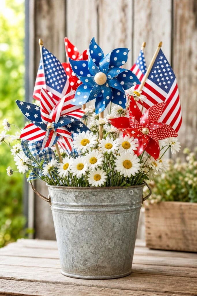 A galvanized metal bucket filled with colorful pinwheels, small American flags, and white daisies placed on a wooden surface.