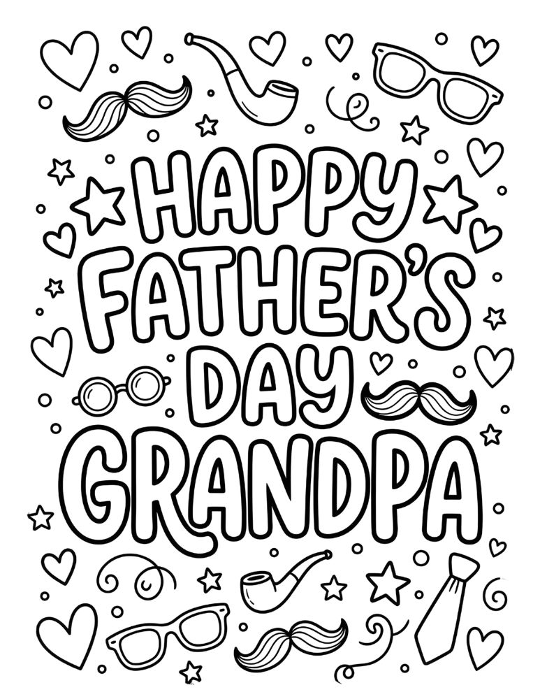 Happy Father’s Day Grandpa coloring page with mustache glasses and hearts