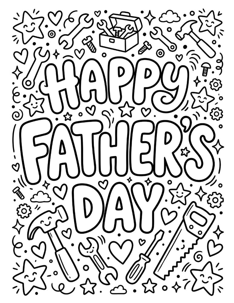 Happy Father’s Day bubble letters coloring page with stars hearts and small icons