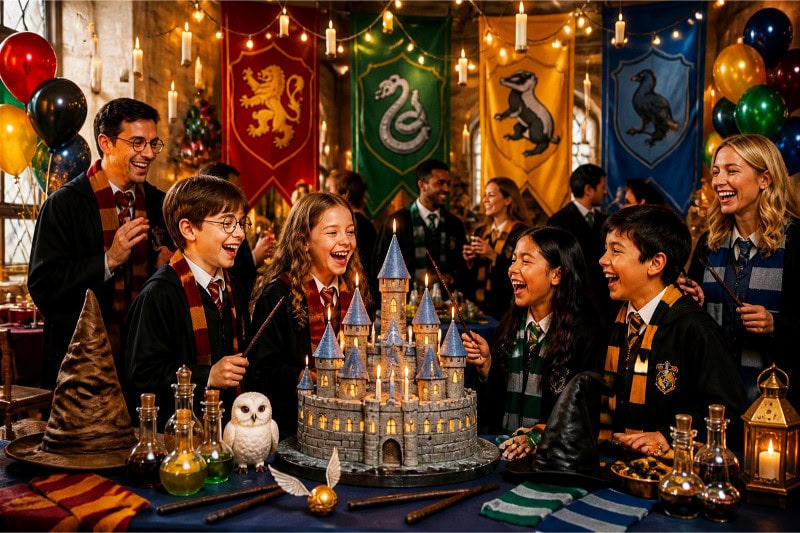 A lively birthday party scene with people dressed as wizards surrounded by Harry Potter-themed decorations, including a Hogwarts castle cake and house banners.