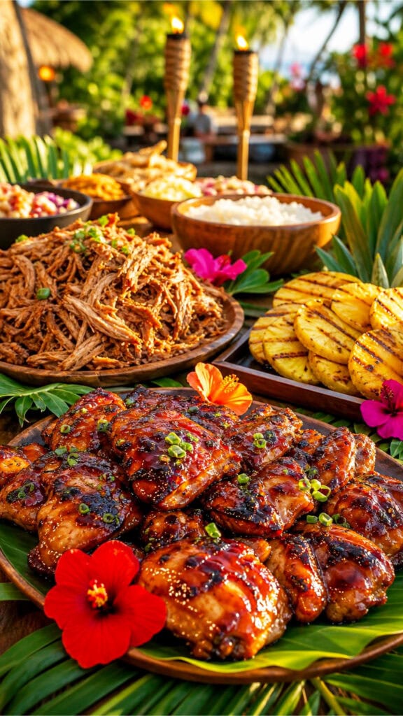 A buffet table with teriyaki chicken, pulled pork, and grilled pineapple decorated with tropical flowers and palm leaves outdoors.