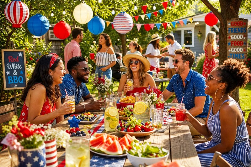 A lively outdoor summer party with people enjoying festive decorations and food in a sunny backyard.