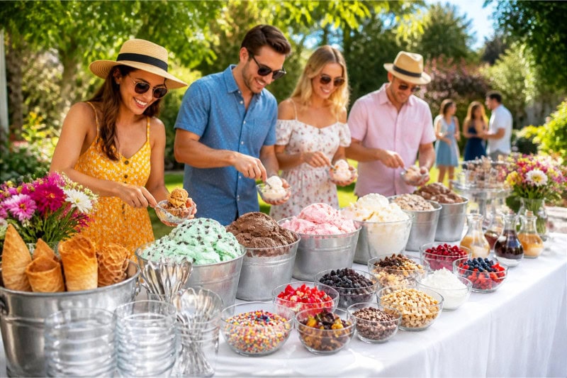 An outdoor ice cream sundae bar with various ice cream flavors and toppings on a table, surrounded by people serving themselves in a sunny summer setting.