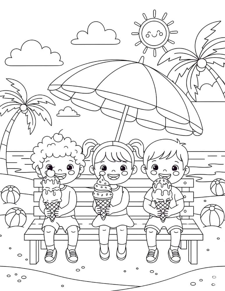 Children eating ice cream treats by the beach in a fun summer coloring page for kids.