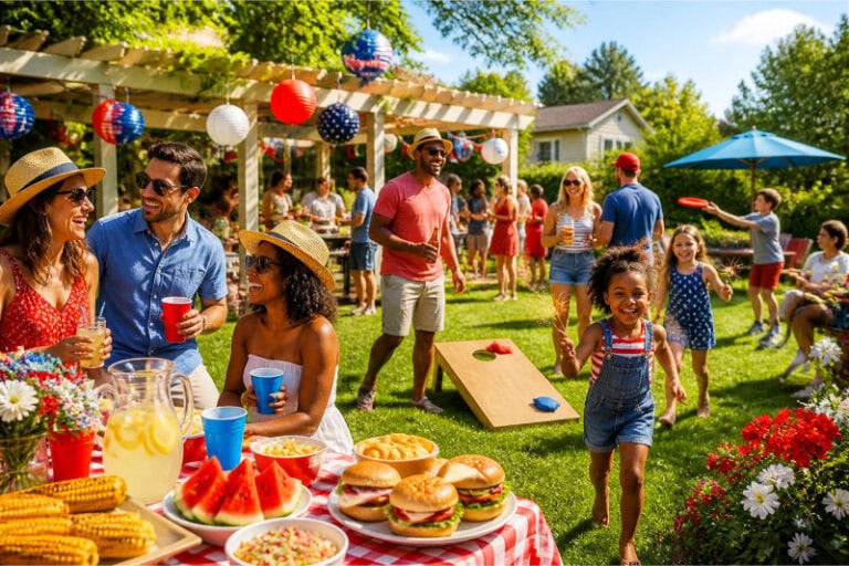 A group of people enjoying a sunny outdoor July party with colorful decorations, food, and lawn games in a green backyard.