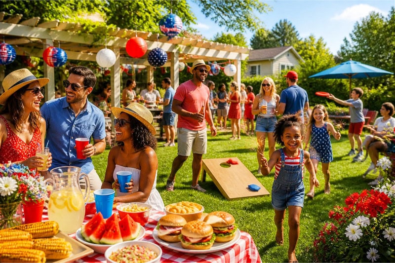 A group of people enjoying a sunny outdoor July party with colorful decorations, food, and lawn games in a green backyard.