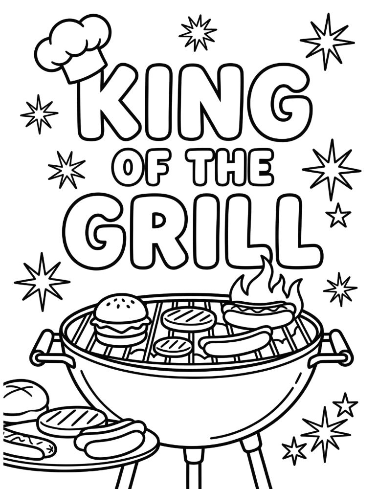 King of the Grill coloring page with barbecue grill, burgers and chef hat