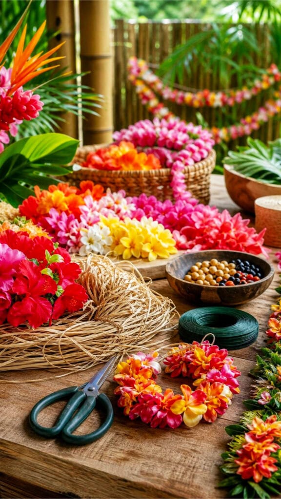 A lei-making craft station with silk flowers, raffia string, and crafting tools arranged on a wooden table.