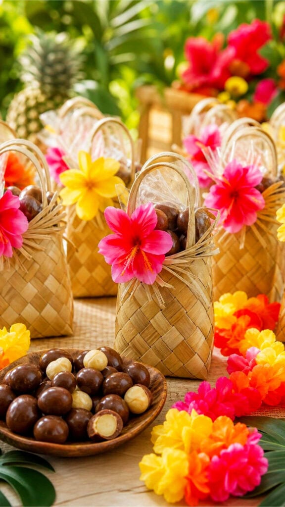 Table with Luau favor bags filled with Hawaiian macadamia chocolates and colorful mini leis arranged on a tropical background.