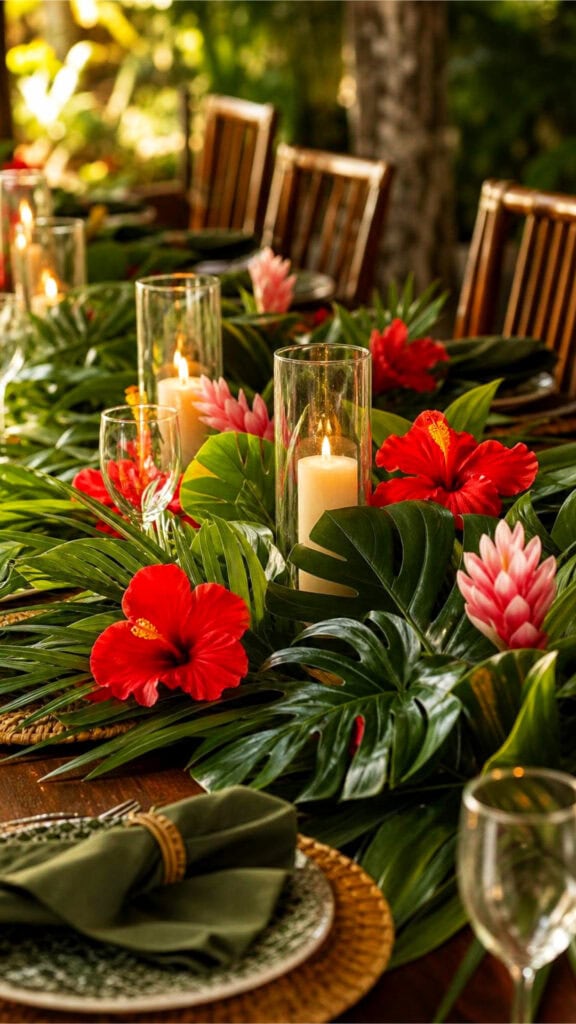 A tropical party table decorated with green leaves, hibiscus flowers, and glass candle holders.