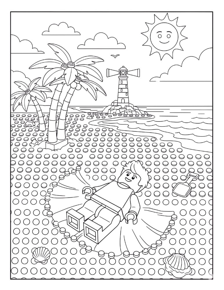 Child making a sand angel on the beach in a playful summer coloring page for kids.
