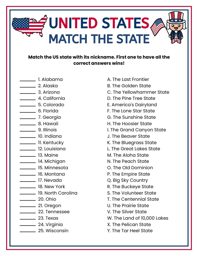 Match the State with Its Nickname