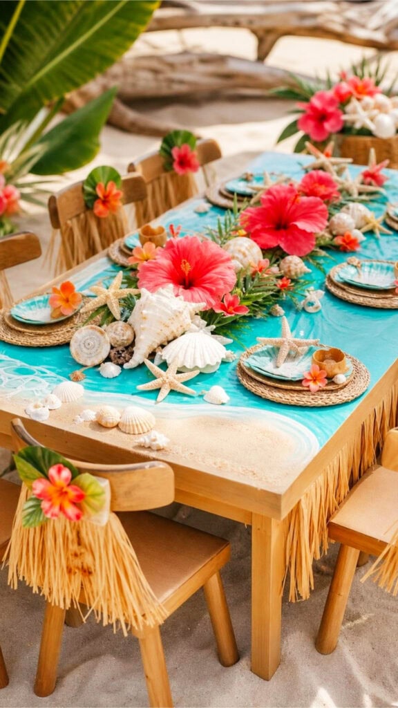 A children's table decorated with seashells, starfish, and tropical flowers in ocean colors, surrounded by small wooden chairs.