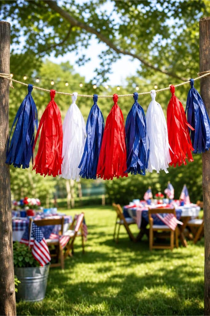 Outdoor scene with a red, white, and blue tassel garland hanging between two wooden posts, surrounded by greenery and festive 4th of July decorations.
