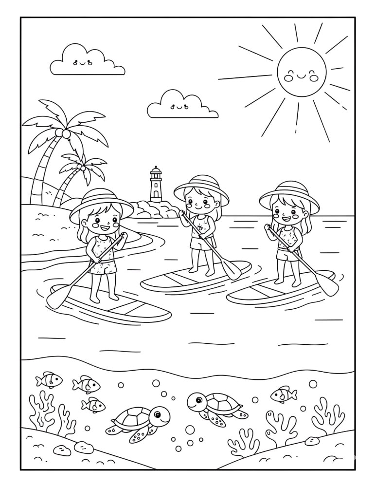 Friends paddleboarding on calm ocean waters in a relaxing beach coloring page.