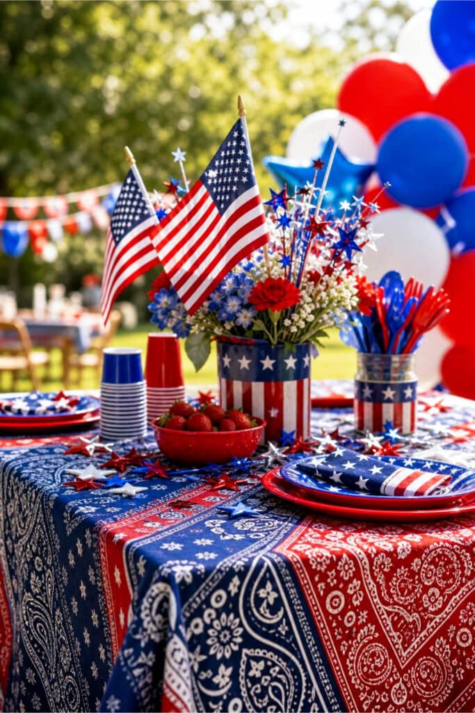 A festive outdoor table decorated with a red, white, and blue bandana tablecloth and 4th of July party decorations including small American flags and balloons.