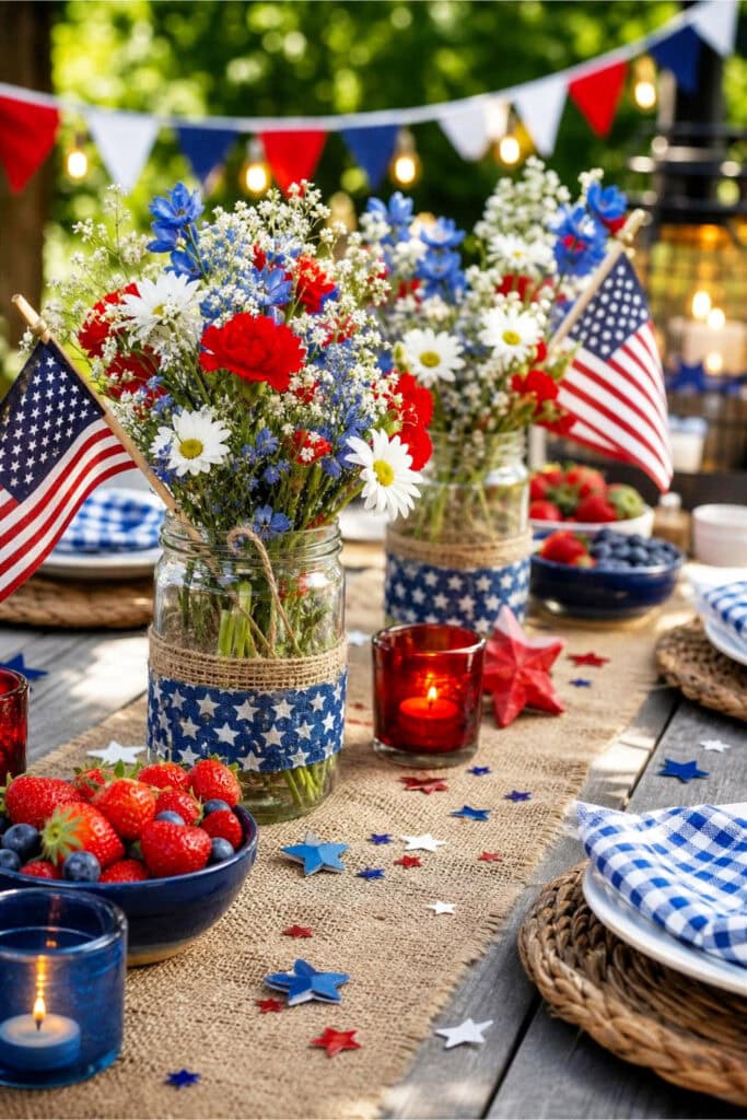 A rustic outdoor table decorated with a burlap runner, small American flags, mason jars with red, white, and blue flowers, and summer party decorations.
