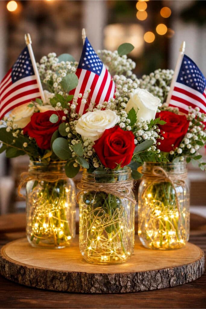A Mason jar filled with red, white, and blue decorations on a wooden table for a 4th of July celebration.