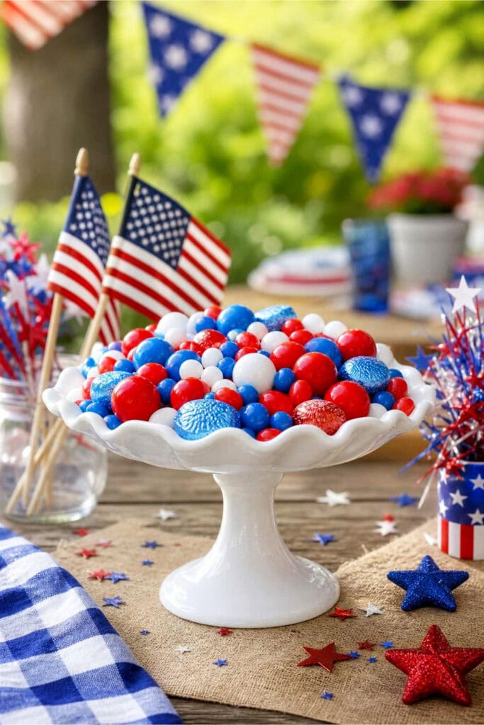 A pedestal candy dish filled with red, white, and blue candies surrounded by 4th of July decorations on a table.