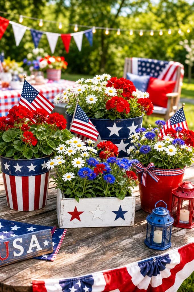 Outdoor table with red, white, and blue flower pots filled with summer flowers and small American flag decorations.