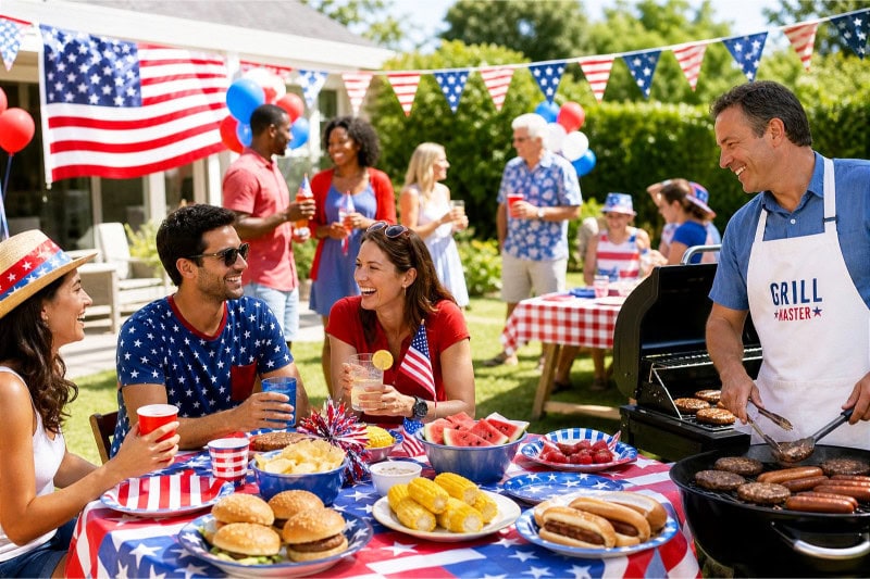 A backyard party decorated with red, white, and blue decorations, with people enjoying food and drinks outdoors.