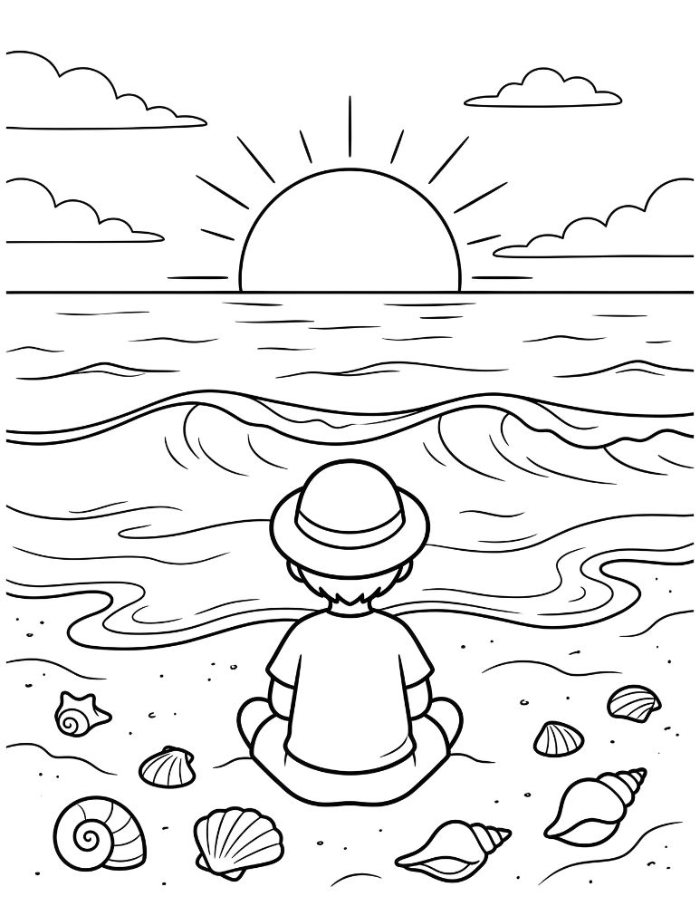 Child watching the sunset over the ocean from a sandy beach in a peaceful coloring page.