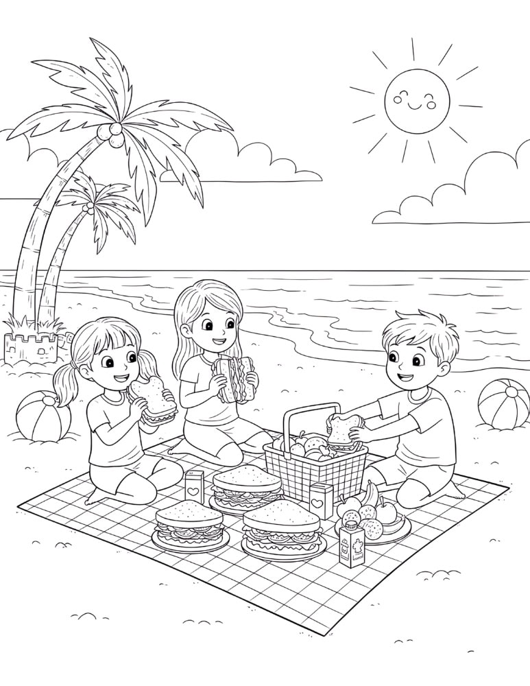 Friends enjoying sandwiches at a beach picnic in a sketch-style coloring page for children.