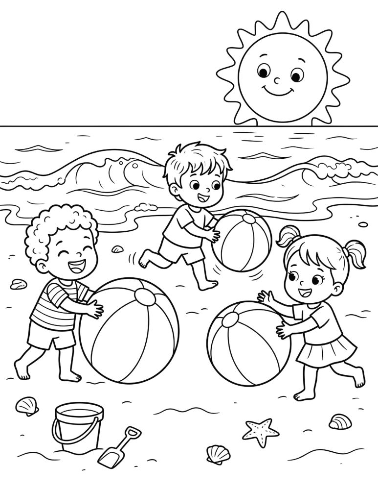 Kids playing with large beach balls on a sandy beach with ocean waves in a children’s coloring page.