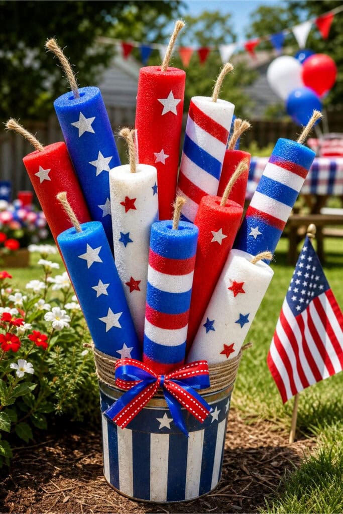 Colorful pool noodles decorated as firecrackers arranged outdoors with American flags and summer party decorations in the background.
