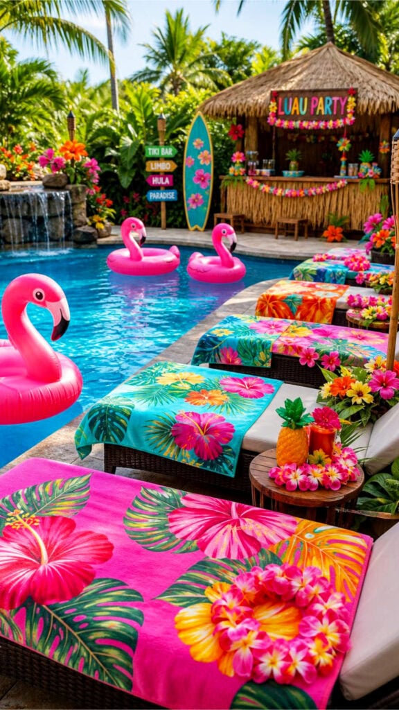 Poolside with flamingo floats in the water and colorful towels arranged on lounge chairs surrounded by tropical plants.