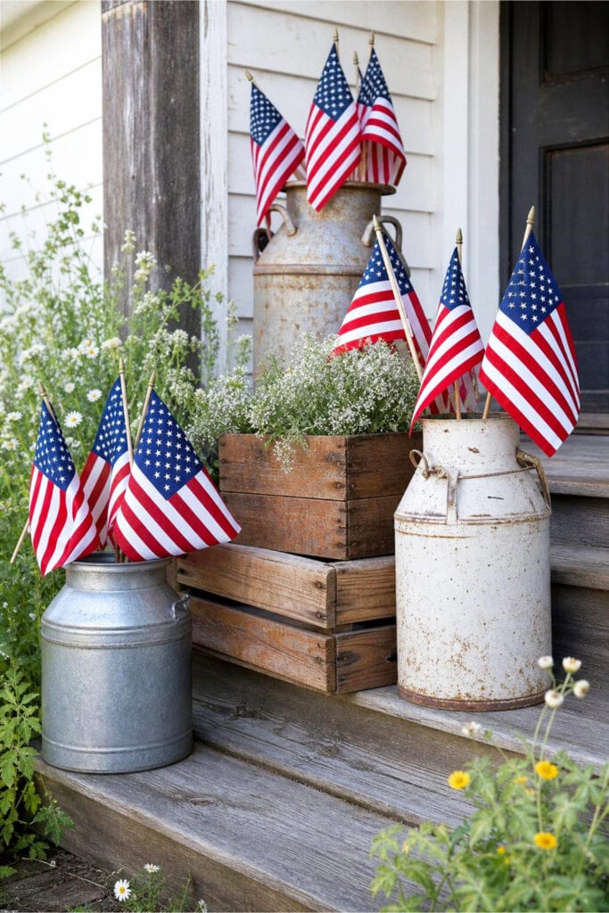 Porch steps decorated with vintage milk cans, wooden crates, and small patriotic flags.