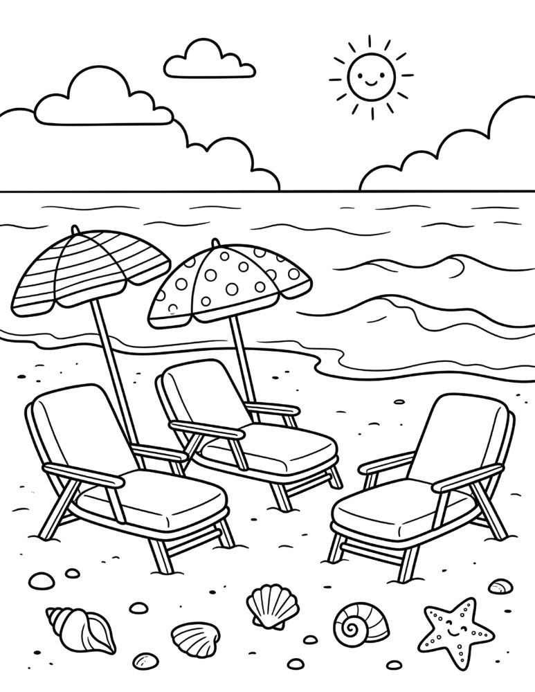 Cozy beach lounge chairs facing the ocean with umbrellas, seashells, and gentle waves in a coloring page.