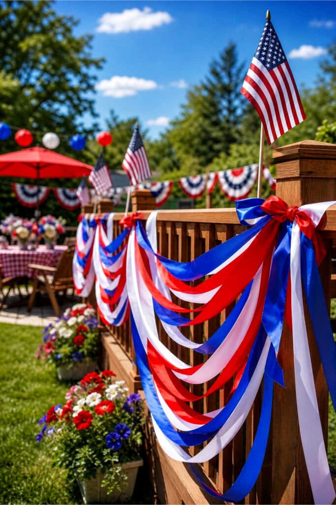 Outdoor backyard decorated with red, white, and blue ribbon streamers on a wooden railing for a 4th of July party.