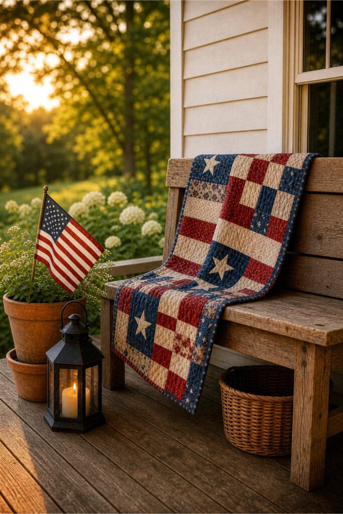 A rustic wooden bench outdoors with a red, white, and blue quilt draped over it.