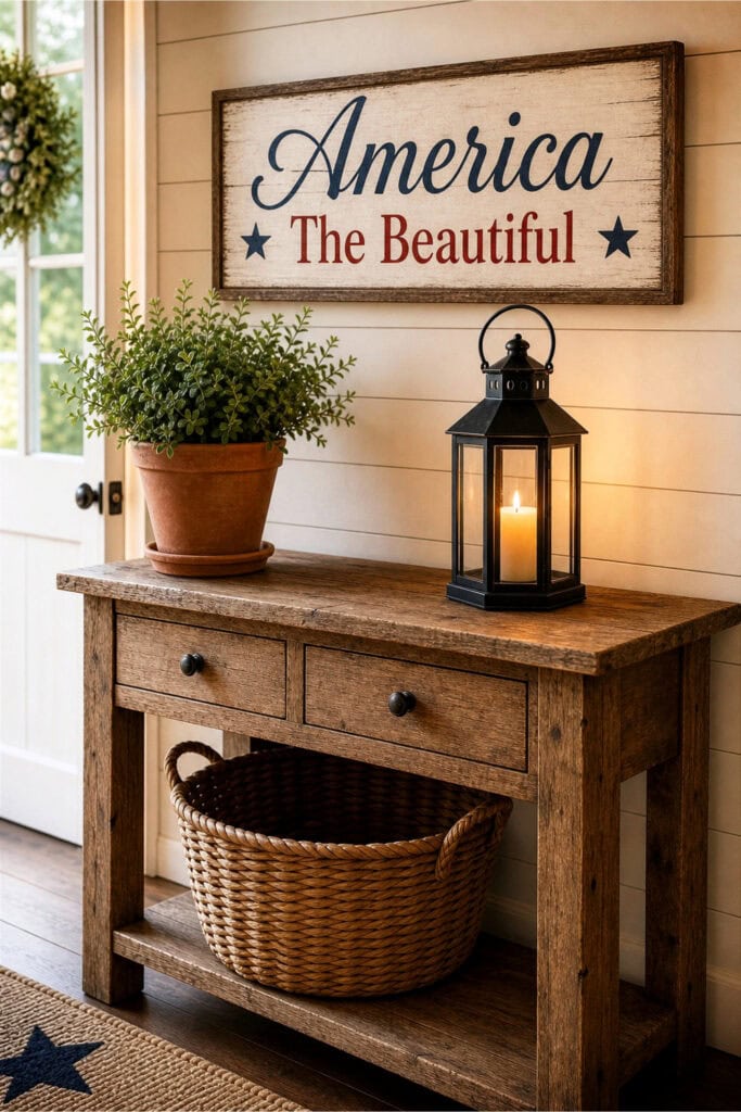 A rustic wooden entry table with a decorative American-themed wooden sign, a lantern, a potted plant, and a woven basket underneath in a warmly lit entryway.