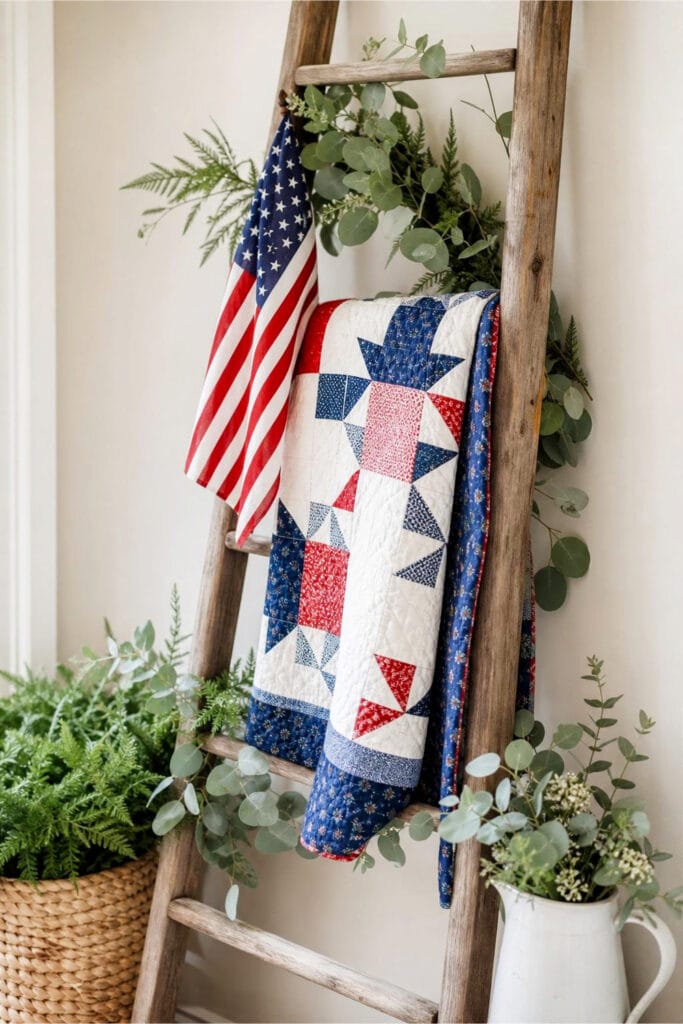 A rustic wooden ladder displaying a folded patriotic quilt, an American flag, and fresh summer greenery.