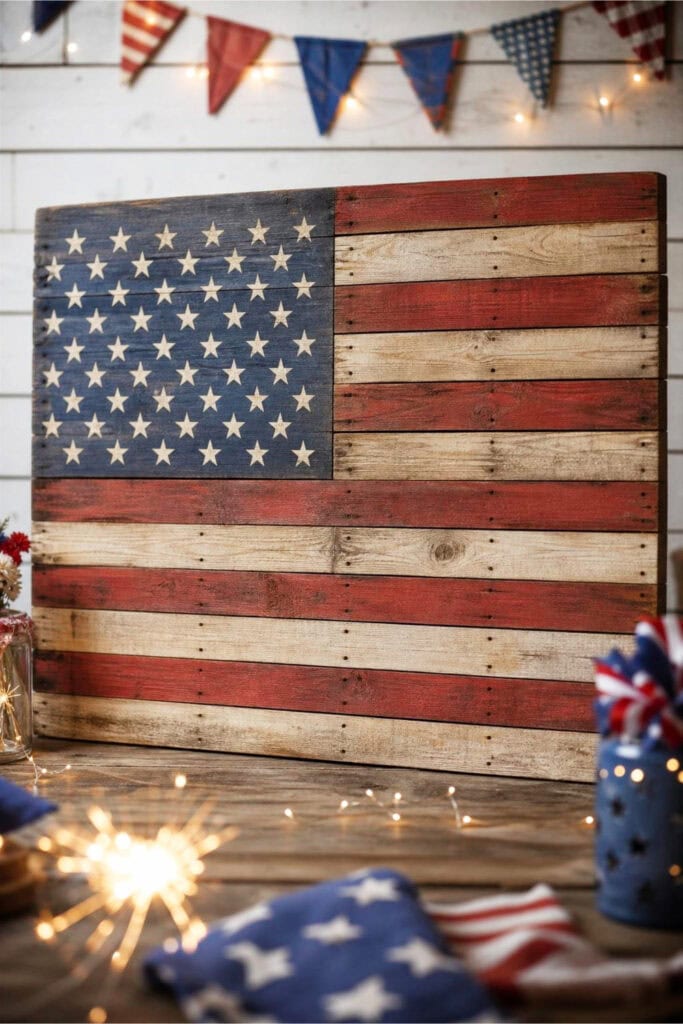 A rustic American flag made from pallet wood displayed with subtle 4th of July party decorations in the background.
