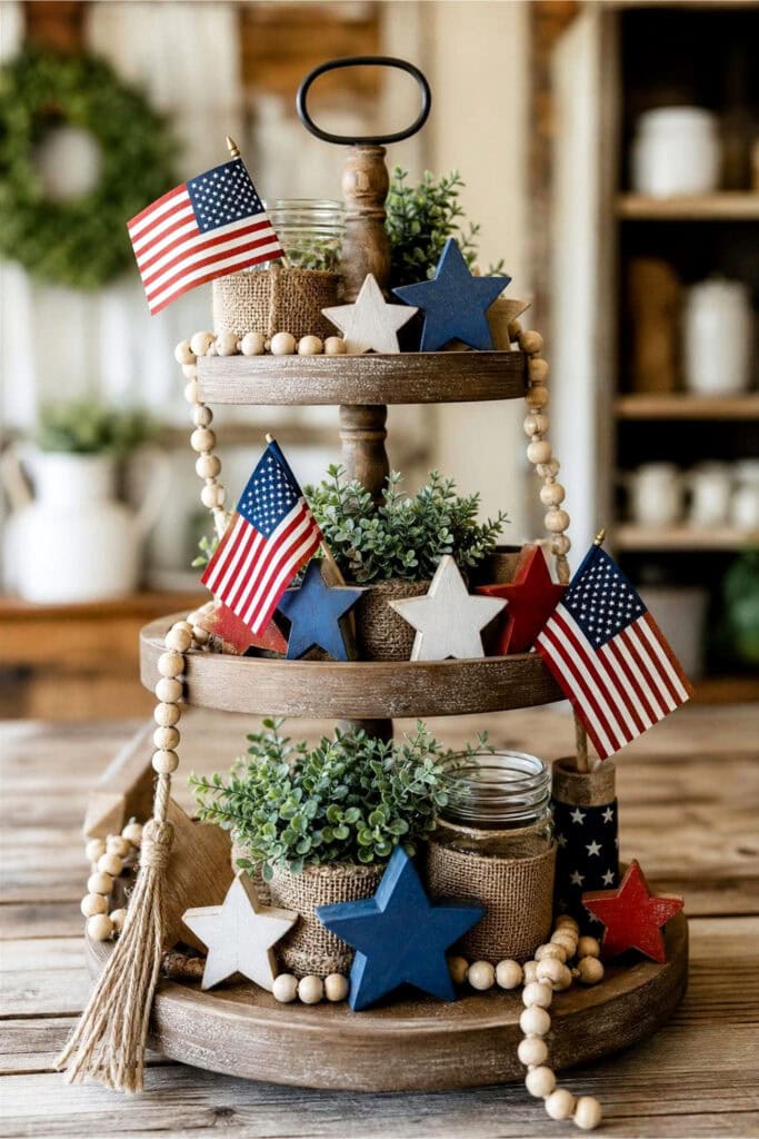 A tiered wooden tray decorated with mini American flags, wooden beads, and small wooden stars on a wooden table.