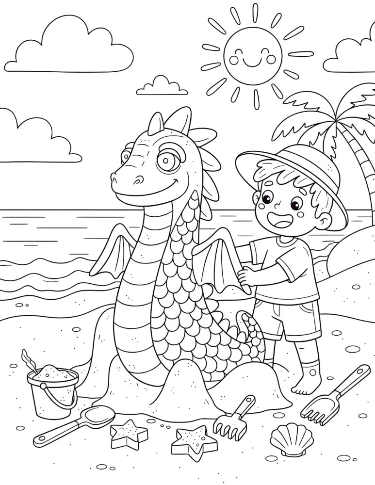 Child creating a sea creature sand sculpture on the beach in a cartoon-style coloring page.