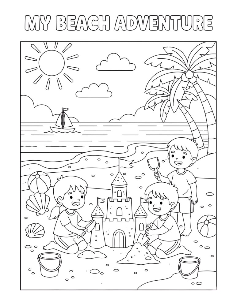 Children building a large sandcastle on a sunny beach coloring page with ocean waves and simple outlines.