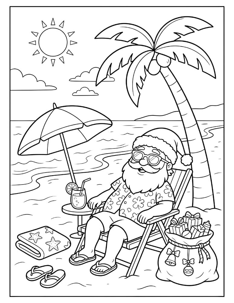 Santa Claus relaxing on a tropical beach wearing sunglasses and flip-flops with palm trees and ocean waves.
