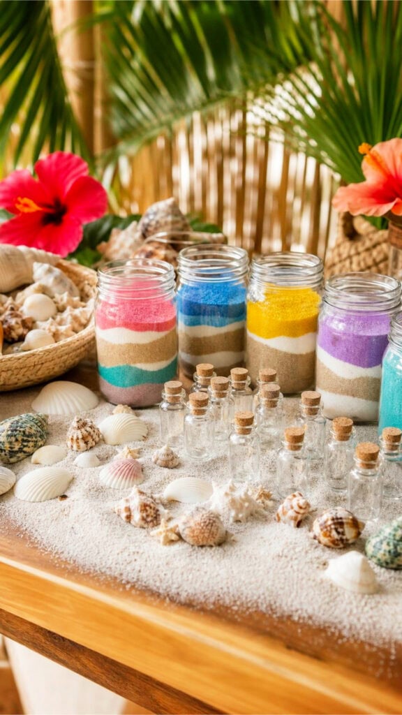 A craft station with jars of layered sand, seashells, and small glass bottles arranged on a table with tropical decorations.