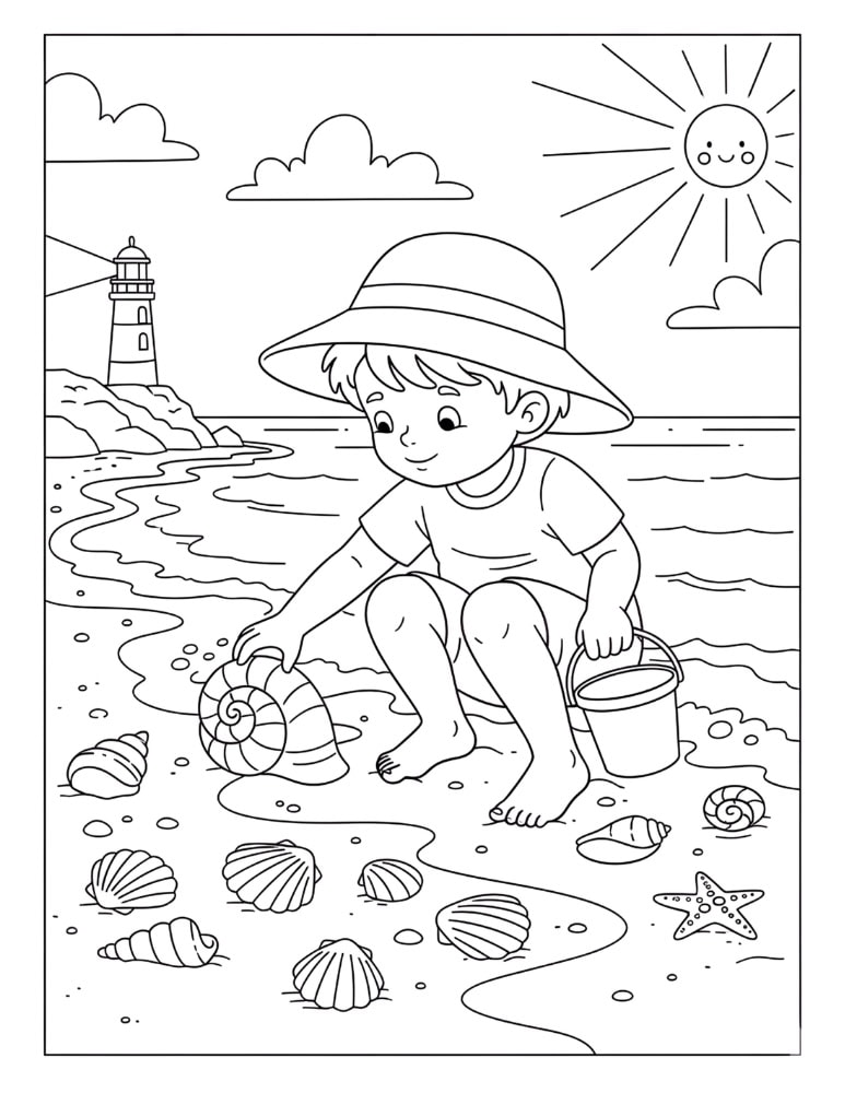 Child collecting seashells along the shoreline in a beach coloring page with simple outlines and ocean details.