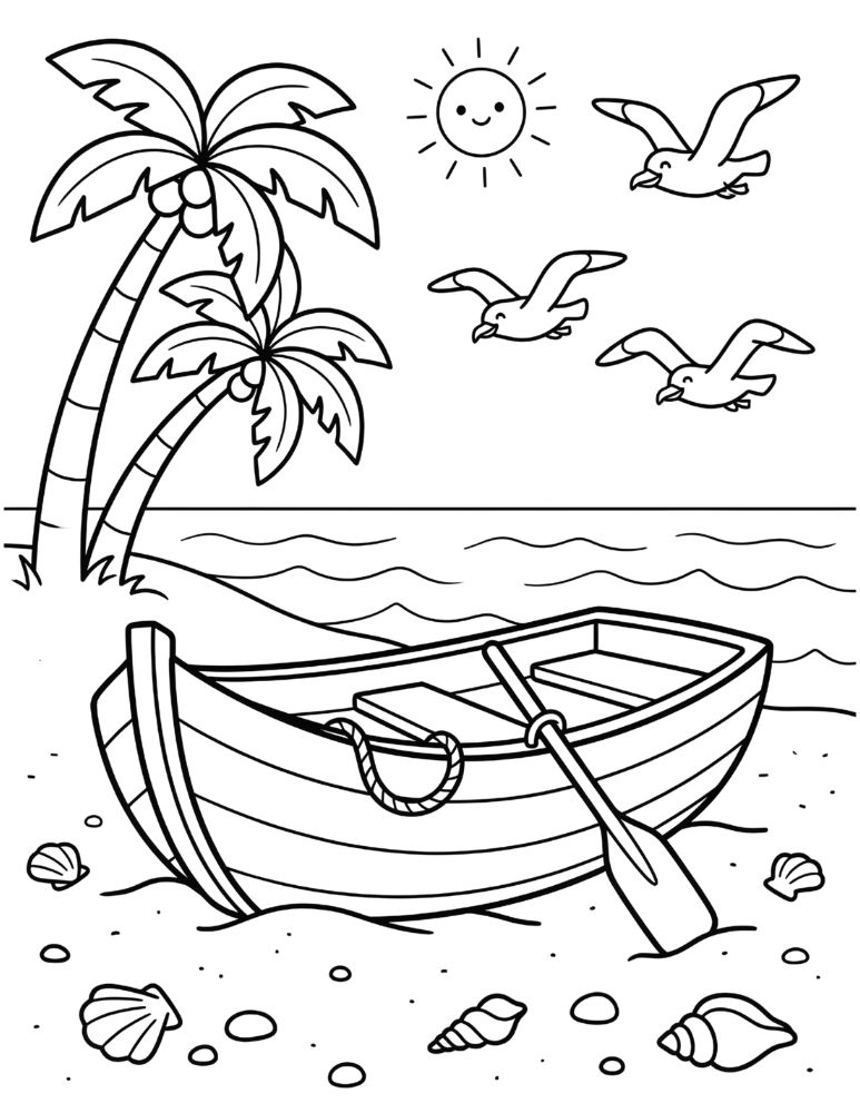 Wooden boat resting on a sandy beach with ocean waves, seagulls, seashells, and palm trees in a coloring page.