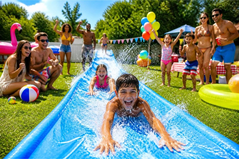 Children and adults enjoying a Slip 'N Slide on a sunny day with water splashing and green grass around them.