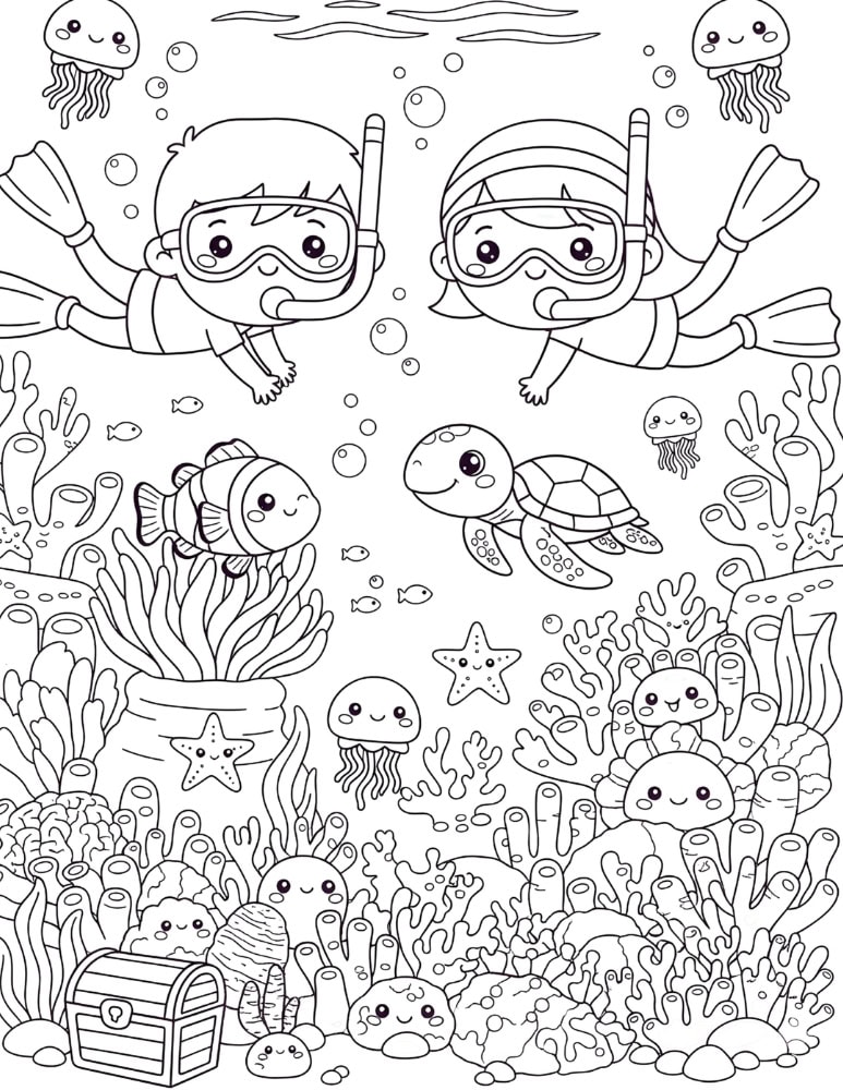 Kids snorkeling underwater near coral reefs and fish in a cute beach-themed coloring page.