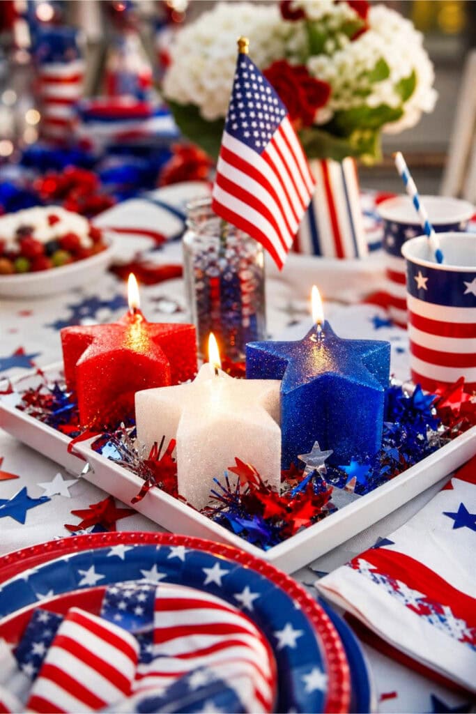 A party table decorated with lit star-shaped candles and patriotic 4th of July decorations including small American flags and themed tableware.